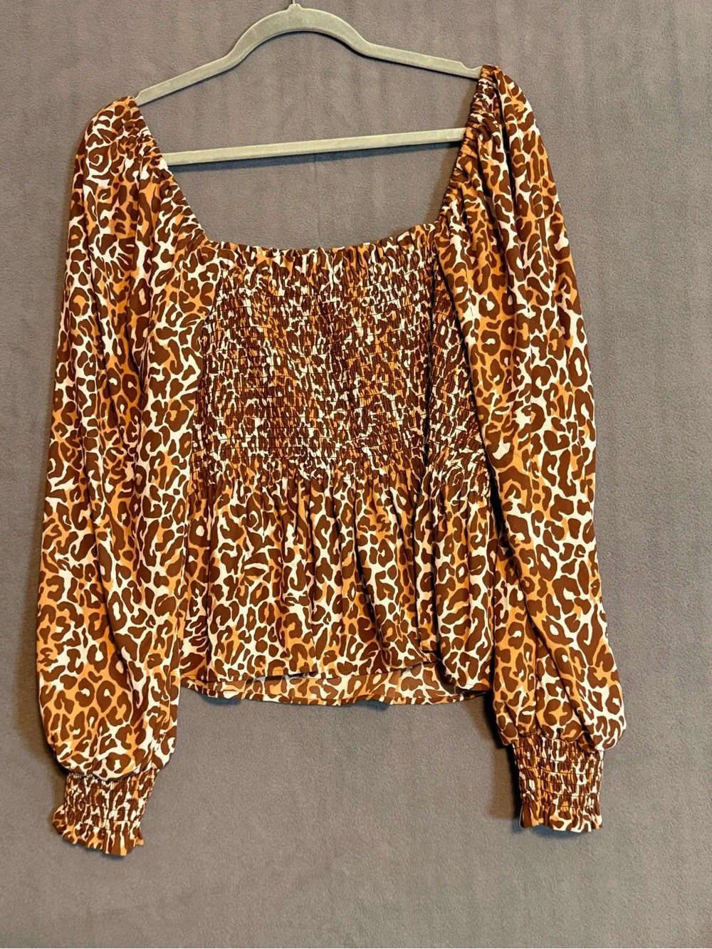 Lilly Pulitzer Brown Leopard Print Smocked Peplum Long Sleeve Blouse Cheetah